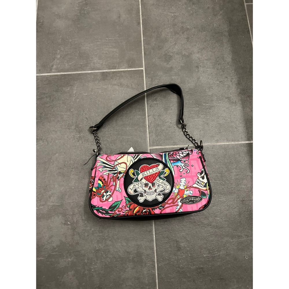 Ed Hardy Pink Love Kills Slowly Tattoo Print Baguette Shoulder Crossbody Bag